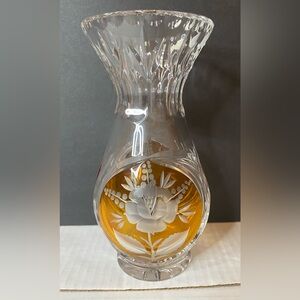 EK Poland Amber Cut Crystal Vase Glassworks Hand Cat To Clear Heavy 7”